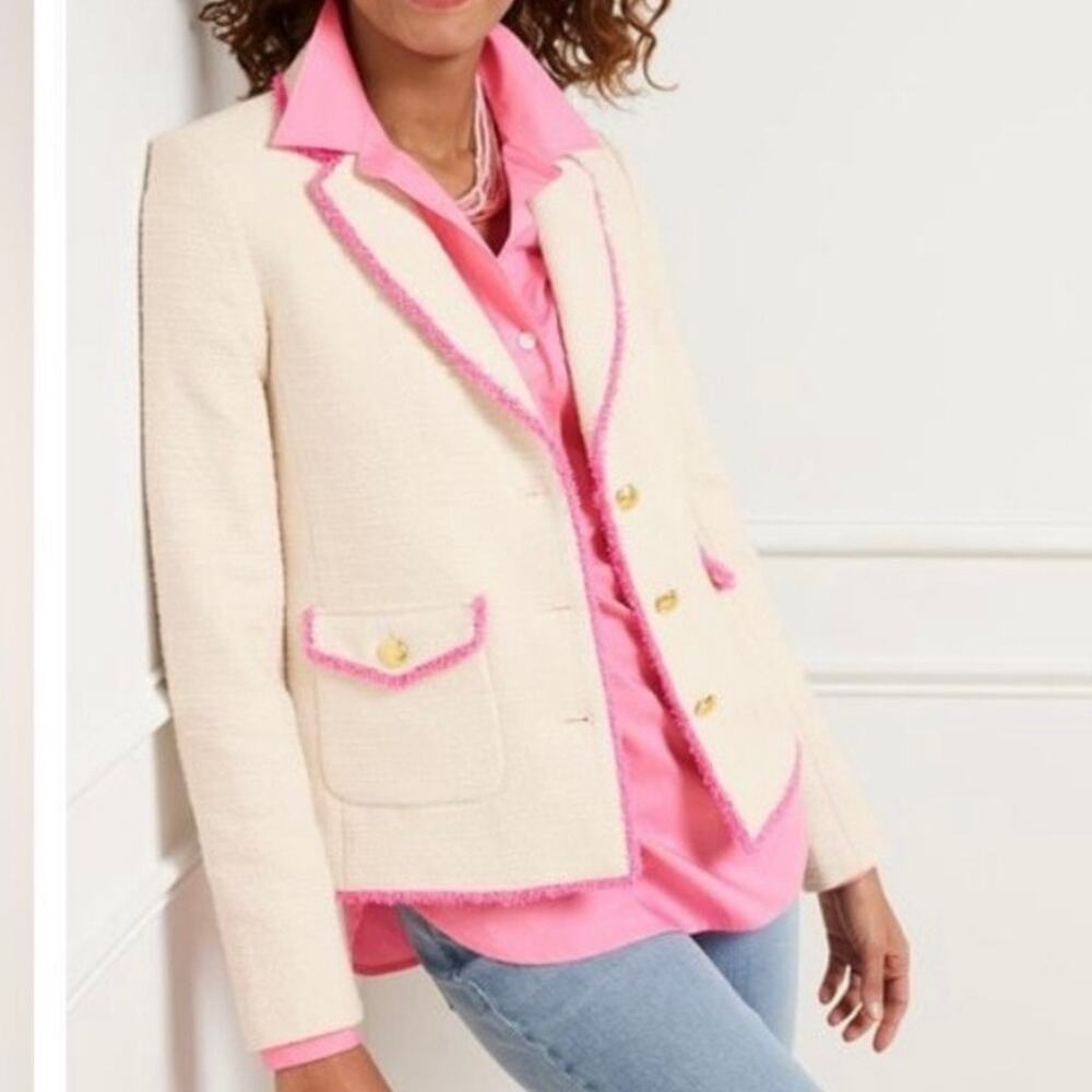 Talbots Cream Tweed Blazer Jacket Size 10 Pink Trim Preppy